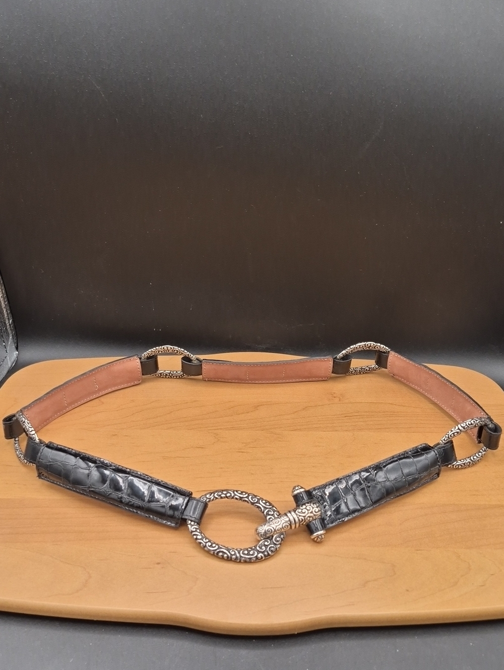 Vintage Brighton B60193 Black Croc Patent Leather Hook Belt Size 34